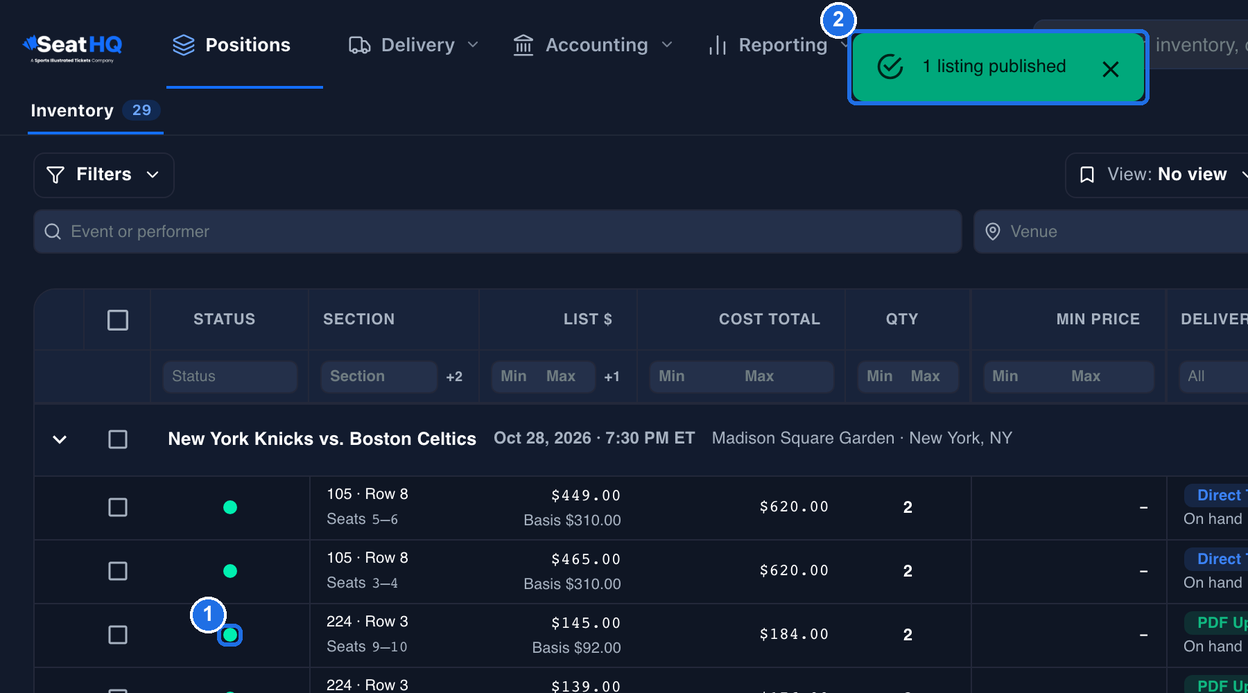 The Inventory page after publishing, with the now green STATUS dot on the 224 · Row 3 listing marked 1 and the green 1 listing published message marked 2