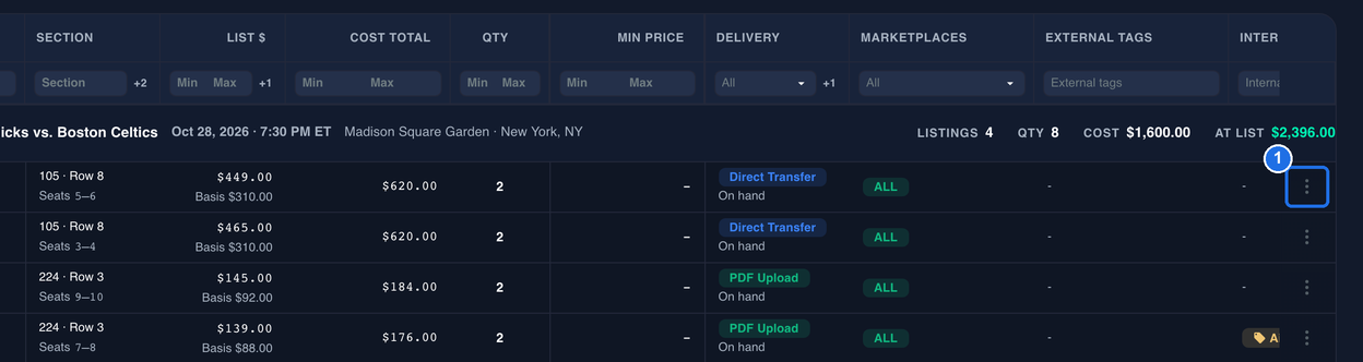 The Inventory table under the New York Knicks vs. Boston Celtics event, with the three-dot menu button at the right end of the 105 · Row 8, Seats 5–6 listing marked 1