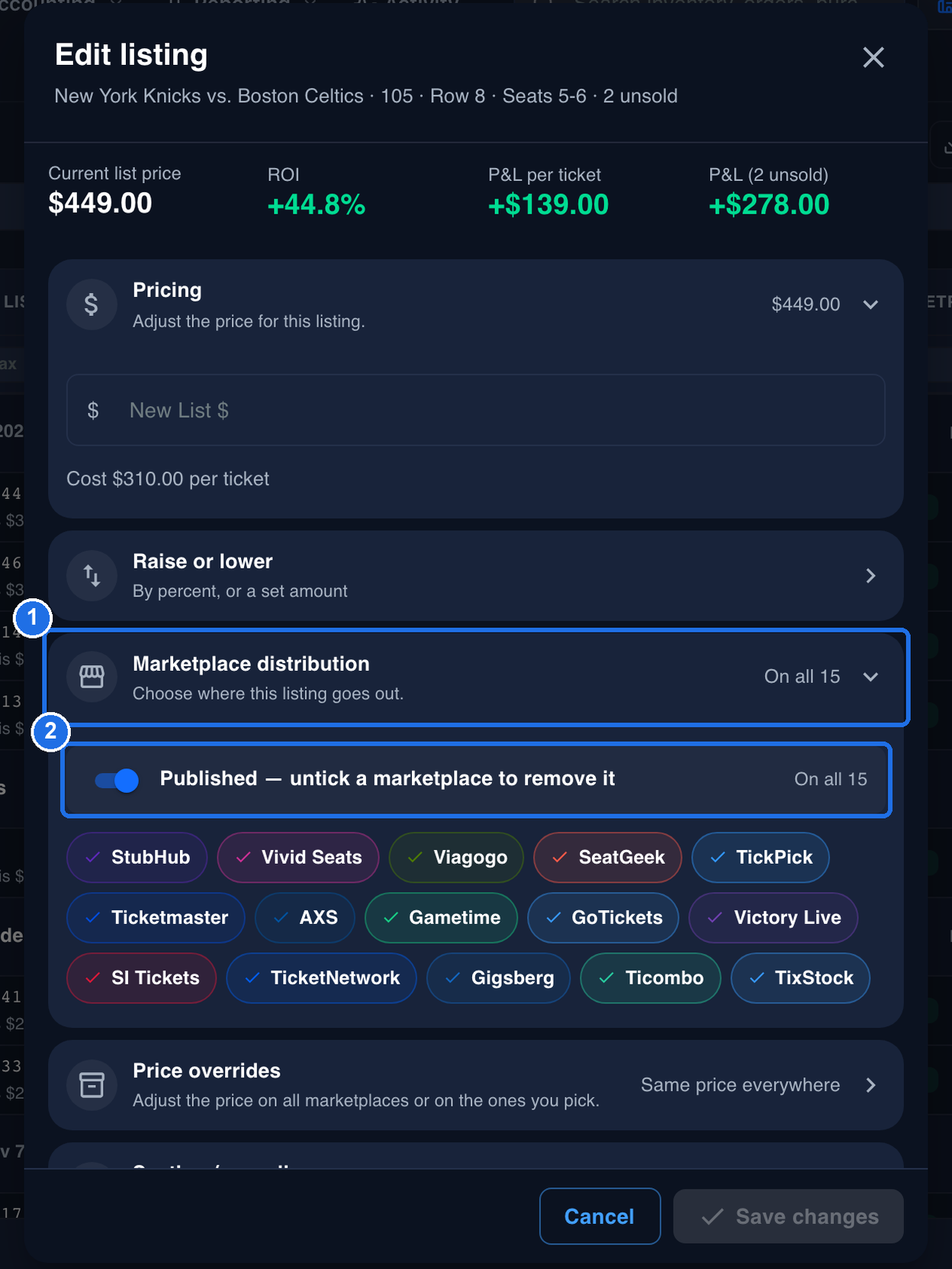 The Edit listing window with the Marketplace distribution section open and marked 1, reading On all 15. The Published switch row, switched on and reading Published — untick a marketplace to remove it and On all 15, is marked 2. Below it, all 15 marketplaces from StubHub to TixStock show a check mark