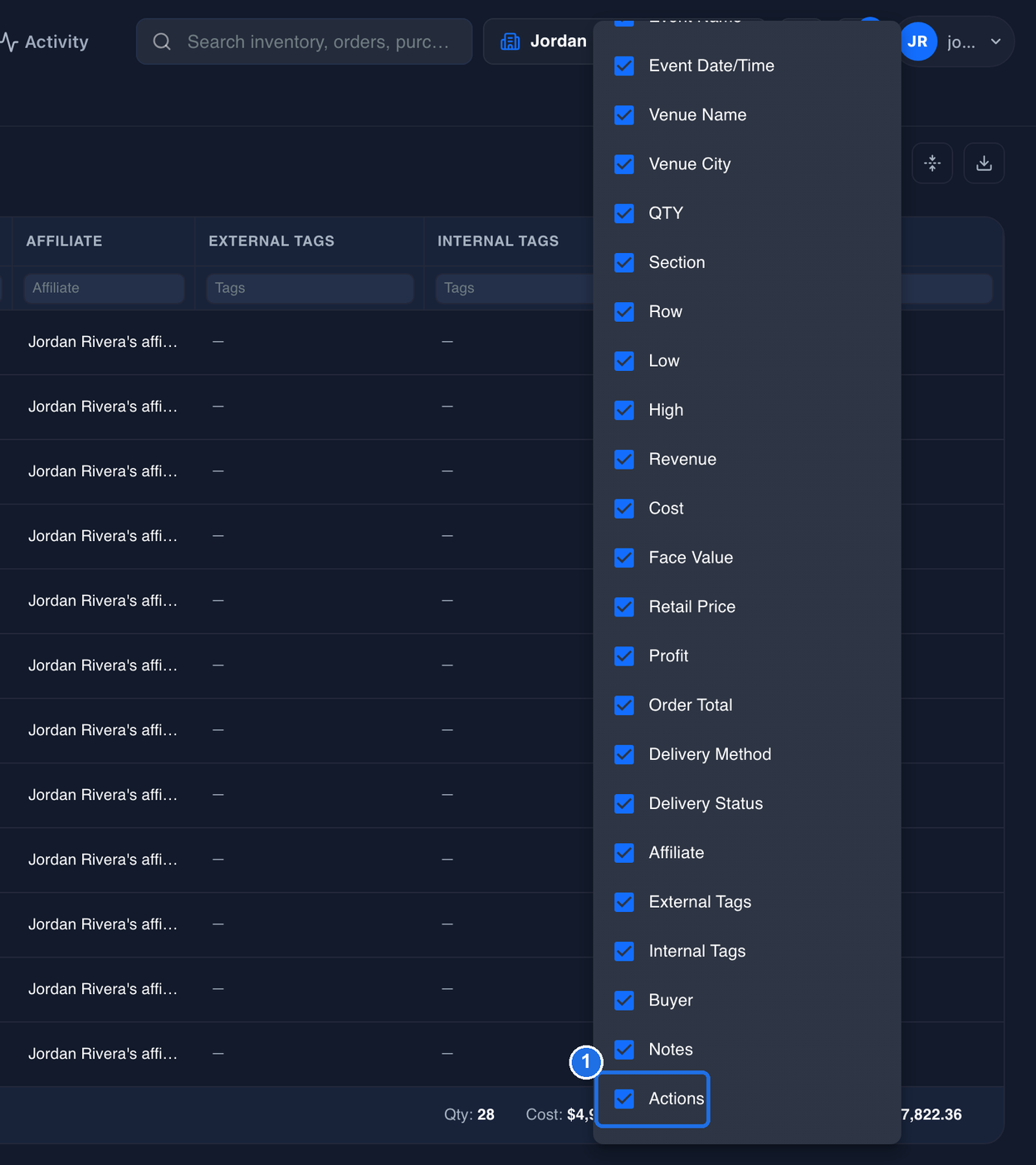 The column list open under the Columns icon and scrolled to the end, with Actions ticked, marked 1