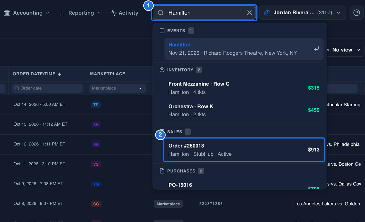 The search bar with Hamilton typed in, marked 1, and results under EVENTS, INVENTORY, SALES and PURCHASES, with Order #260013 under SALES marked 2