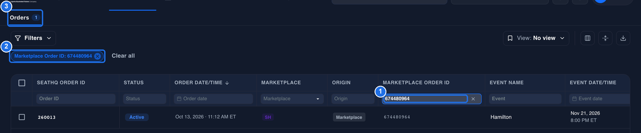 Orders with 674480964 typed in the Mktp order box under MARKETPLACE ORDER ID marked 1, the Marketplace Order ID: 674480964 chip marked 2, and the Orders tab showing 1 marked 3