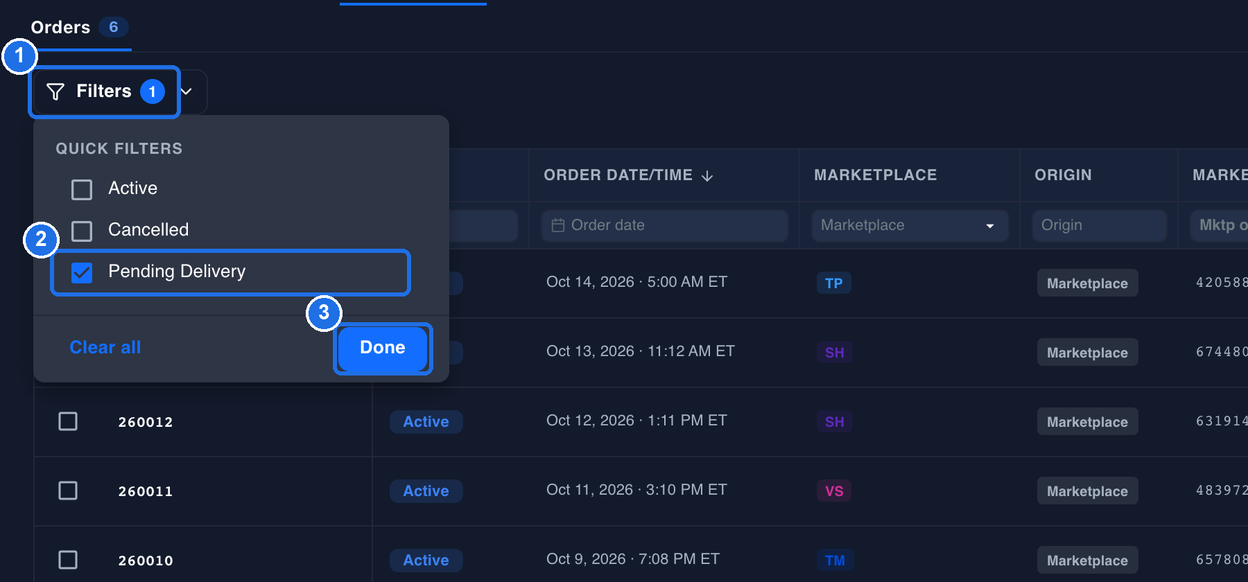 The Filters panel open from the Filters button marked 1, with Pending Delivery ticked under QUICK FILTERS marked 2 and the Done button marked 3