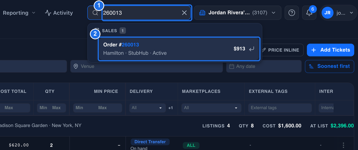 The search bar with 260013 typed in, marked 1, and the matching order under SALES, Order #260013, Hamilton, StubHub, Active, $913, marked 2