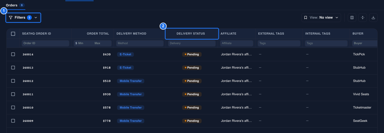 The Filters button with a 1 badge marked 1 and the DELIVERY STATUS column marked 2, with every listed order showing Pending