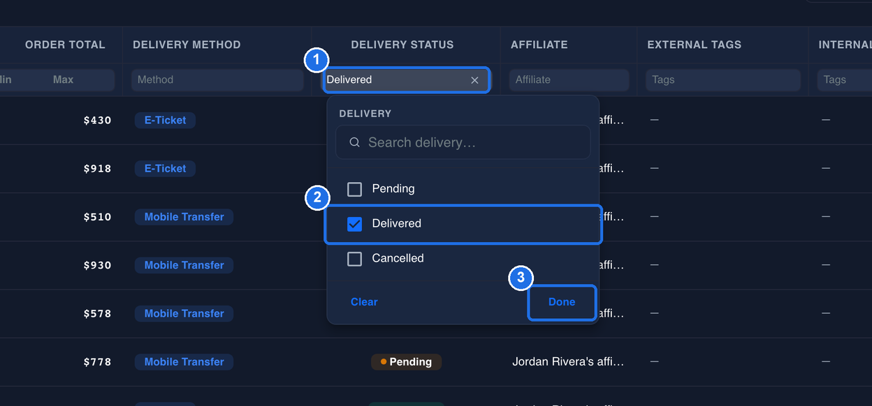 The list open under DELIVERY STATUS from the box marked 1, with Delivered ticked marked 2 and the Done button marked 3