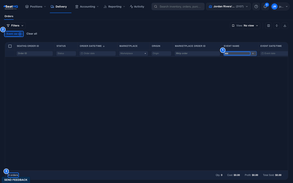 Text that matches no event typed in the box under EVENT NAME marked 1, its Event chip marked 2, an empty grid, and 0 orders at the bottom of the grid marked 3