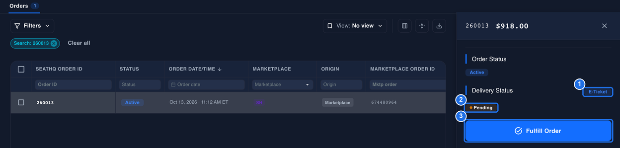Order 260013 in the Orders list with its details panel open on the right. Under Delivery Status, E-Ticket is marked 1, Pending is marked 2 and the Fulfill Order button is marked 3