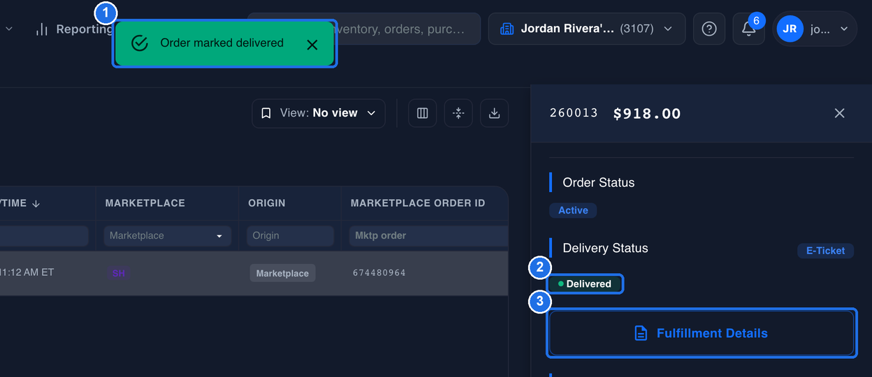 The green Order marked delivered message, marked 1, the Delivered status under Delivery Status, marked 2, and the Fulfillment Details button, marked 3