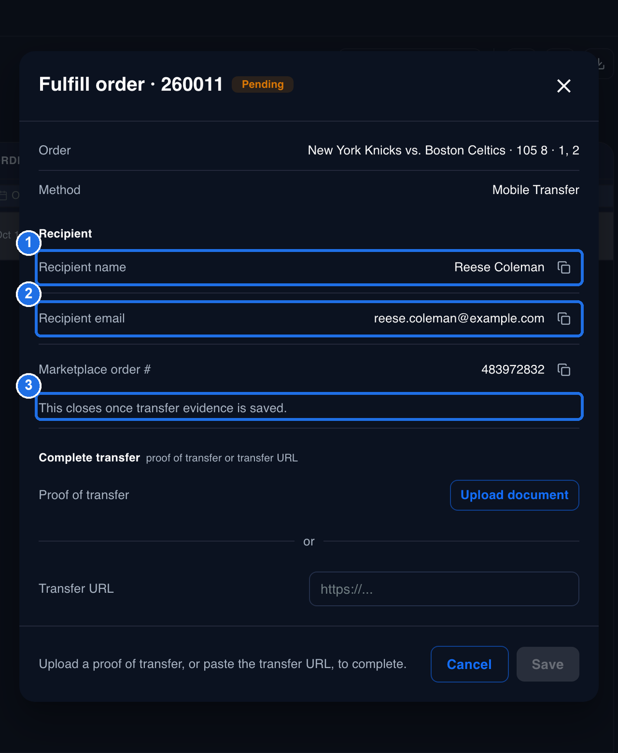 The Recipient section showing the Recipient name with a copy button, marked 1, the Recipient email with a copy button, marked 2, the Marketplace order number, and the note This closes once transfer evidence is saved, marked 3