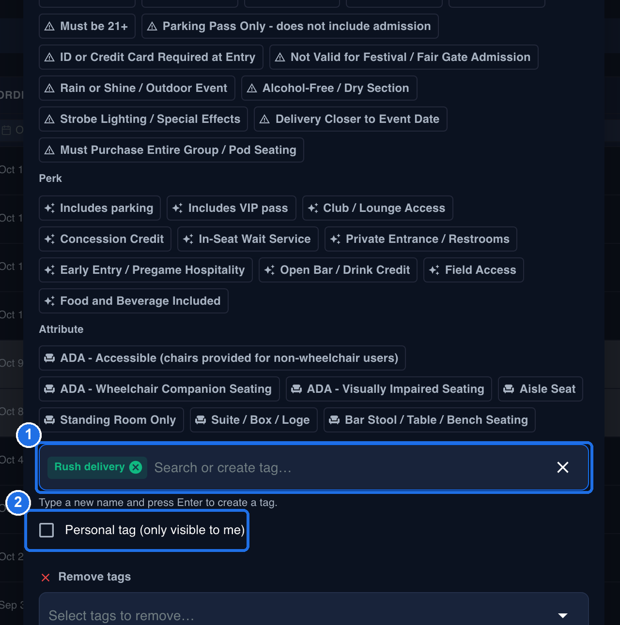 The lower part of the Manage Tags dialog with the last Disclosure tags and the Perk and Attribute external tags, the new Rush delivery tag in the Search or create tag box marked 1, and the Personal tag (only visible to me) checkbox marked 2