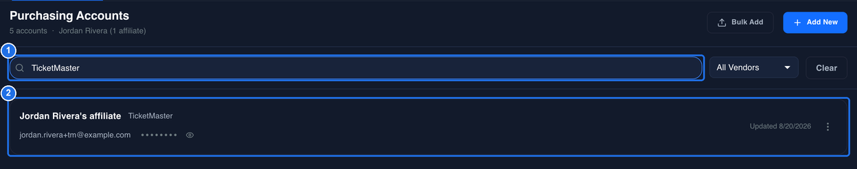 The Search accounts box with TicketMaster typed in, marked 1, and the one matching TicketMaster account card, marked 2