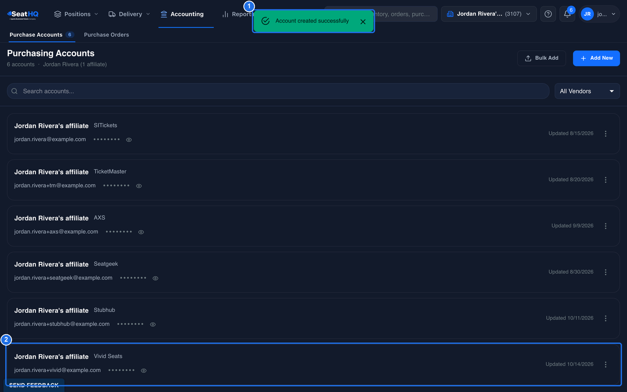 The Purchase Accounts page with the Account created successfully message marked 1, the Purchase Accounts tab showing 6, and the new Vivid Seats account at the end of the list, updated 10/14/2026, marked 2
