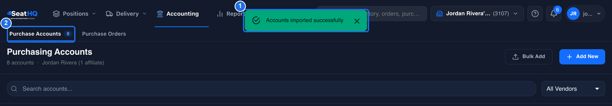 The Purchase Accounts page with the Accounts imported successfully message marked 1 and the Purchase Accounts tab showing 8, marked 2