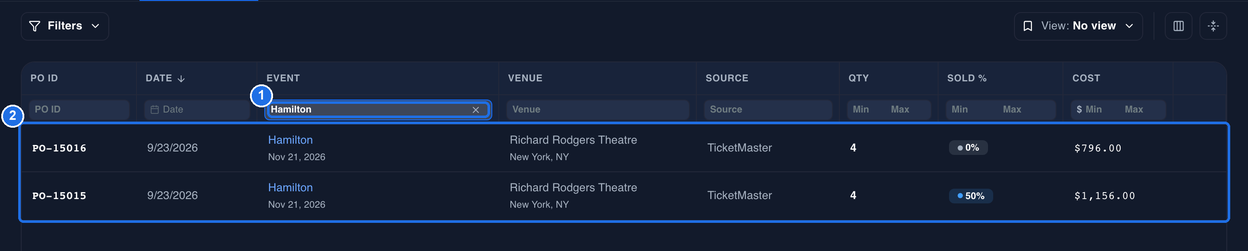 The Event filter box under the EVENT header with Hamilton typed in, marked 1, and the two matching Hamilton purchase orders, marked 2