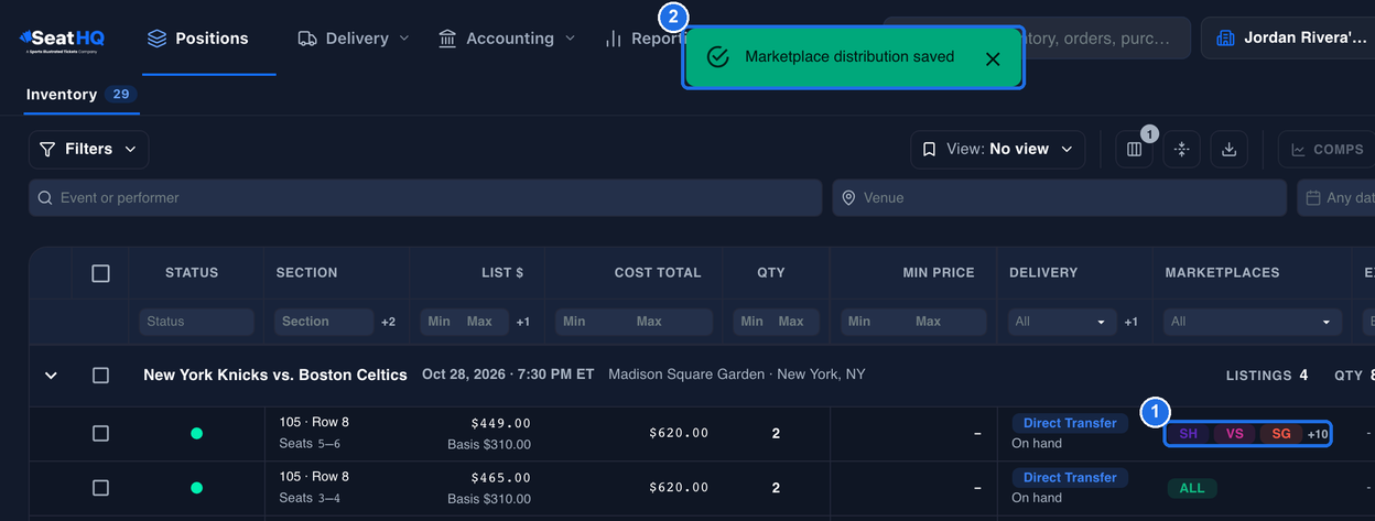 The Inventory page with SH, VS, SG and +10 in the MARKETPLACES column of the edited 105 · Row 8, Seats 5–6 listing marked 1, while the other listings show ALL, and the green Marketplace distribution saved message marked 2