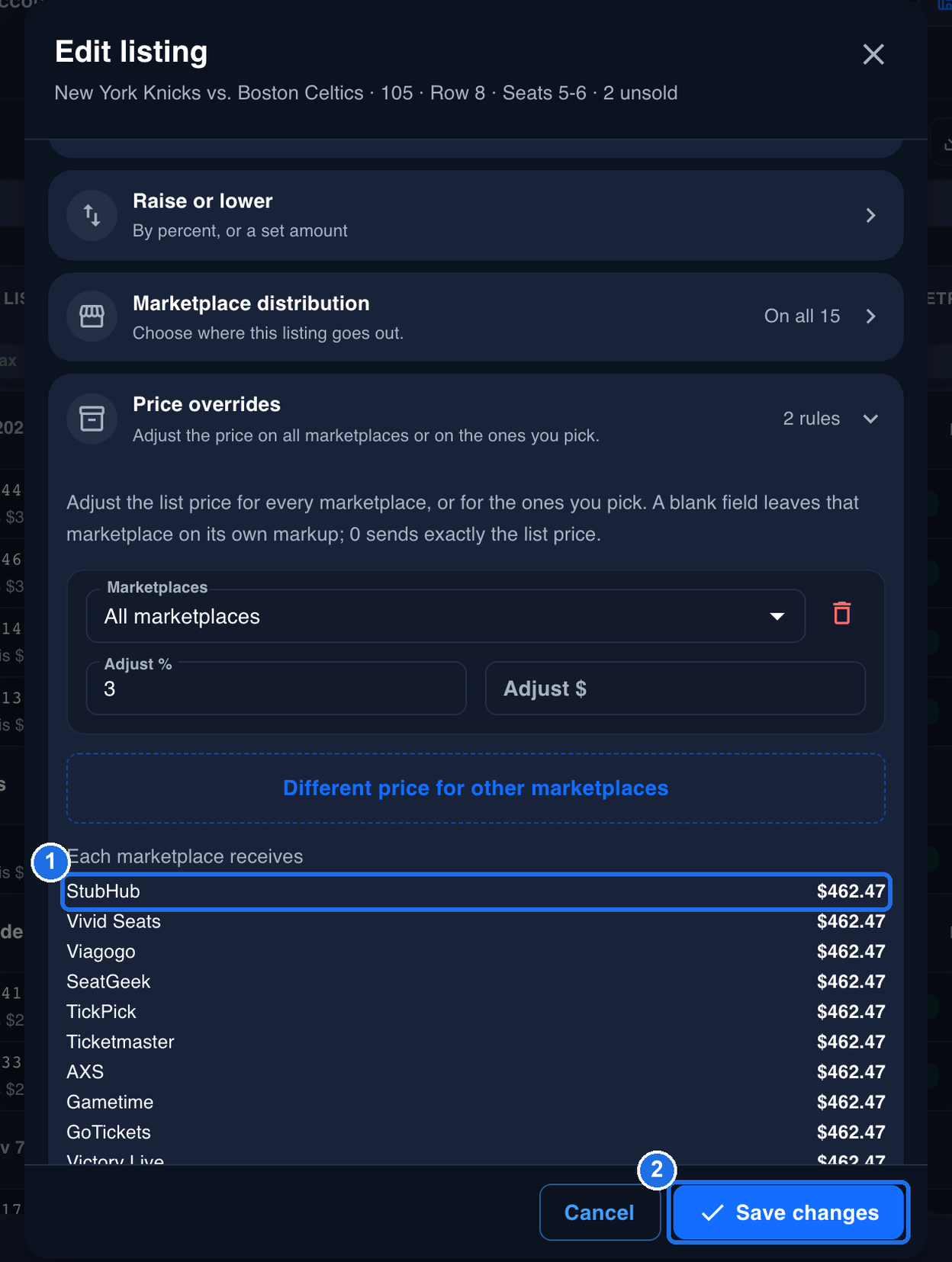 Price overrides after the StubHub rule is removed, with only the All marketplaces rule at Adjust % 3 left, StubHub at $462.47 in the Each marketplace receives list marked 1, and the Save changes button marked 2. The header still reads 2 rules