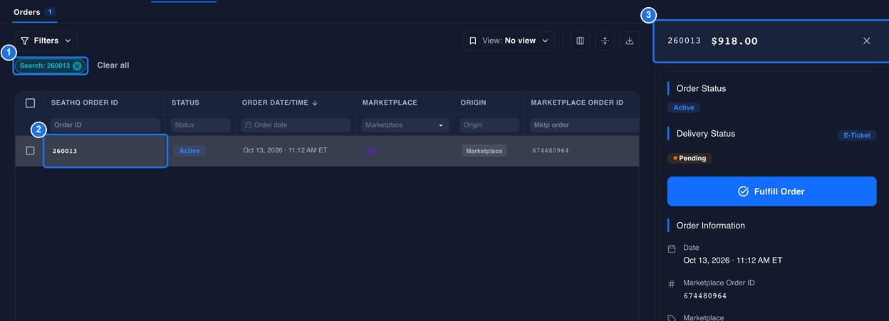 Orders with the Search: 260013 chip marked 1, order 260013 as the only row in the grid marked 2, and the order's details panel open on the right marked 3