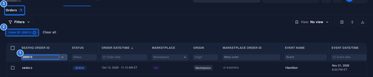 Orders with 260013 typed in the Order ID box under SEATHQ ORDER ID marked 1, the Order ID: 260013 chip marked 2, and the Orders tab showing 1 marked 3