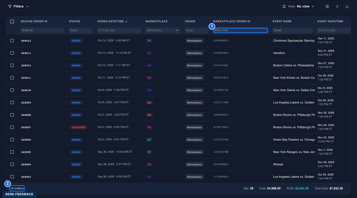 Orders with the Mktp order box empty again, marked 1, all orders listed, and 14 orders at the bottom of the grid marked 2