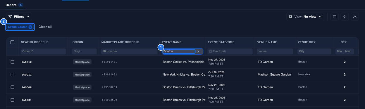 Boston typed in the box under EVENT NAME marked 1 and the Event: Boston chip marked 2, with only orders for events that include Boston listed