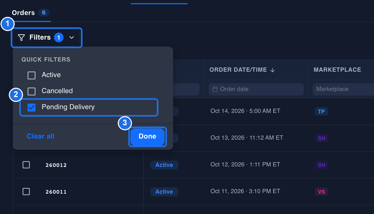 The Filters list open from the Filters button, marked 1, with Pending Delivery ticked under QUICK FILTERS, marked 2, and the Done button, marked 3