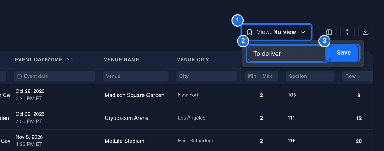The View: No view button, marked 1, the view name box under it with To deliver typed in, marked 2, and the Save button, marked 3