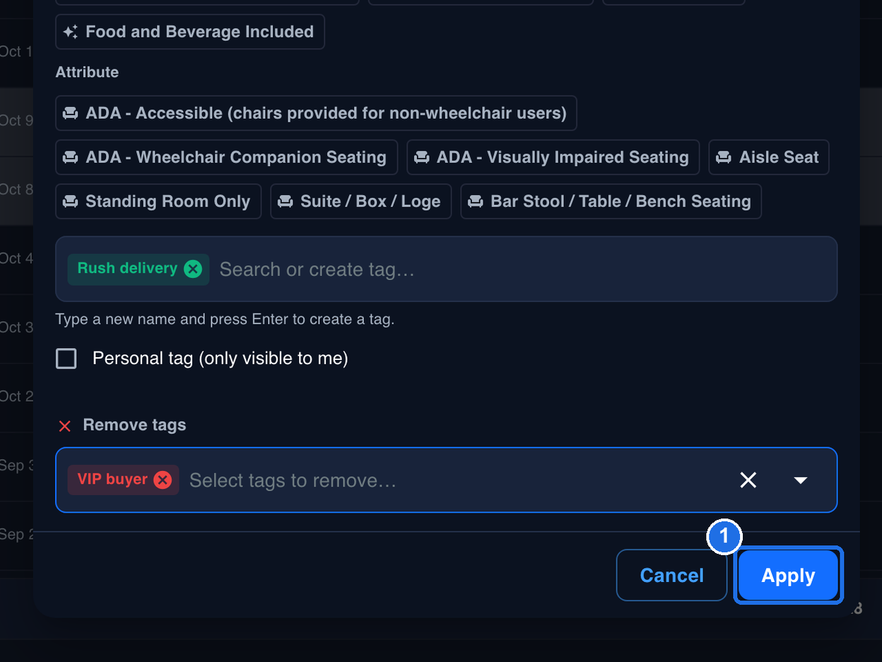 The Manage Tags dialog with Rush delivery ready to add, VIP buyer ready to remove, and the Apply button marked 1