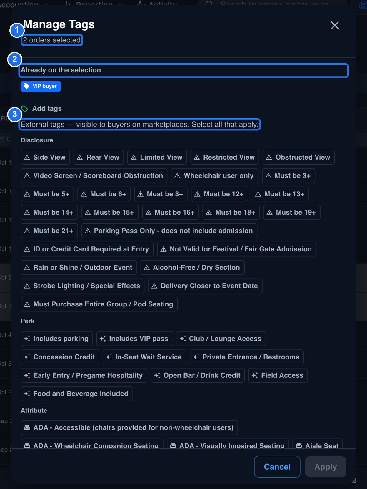 The Manage Tags dialog with 2 orders selected marked 1, Already on the selection with the VIP buyer tag marked 2, and the line External tags, visible to buyers on marketplaces, marked 3, above the Disclosure, Perk and Attribute groups of external tags