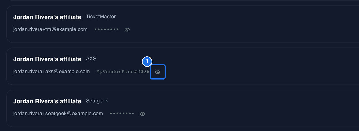 Three account cards. On the AXS card, the password shows in plain text in place of the dots, next to the eye icon with a line through it, marked 1. The cards above and below still show dots