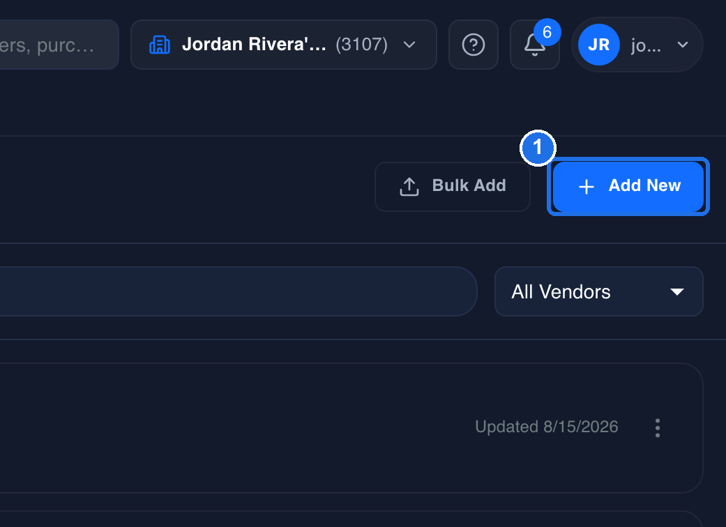 The top right of the Purchase Accounts page with the Add New button marked 1, next to Bulk Add