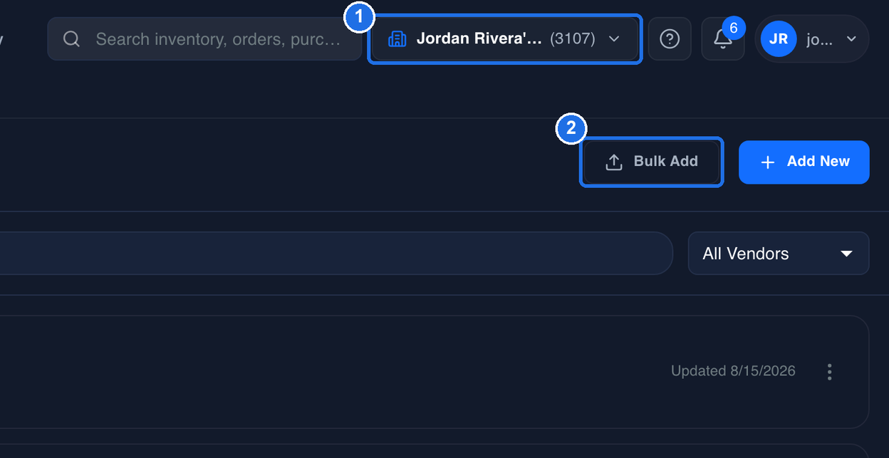 The affiliate button with the building icon at the top of the page, marked 1, and the Bulk Add button, marked 2, next to Add New
