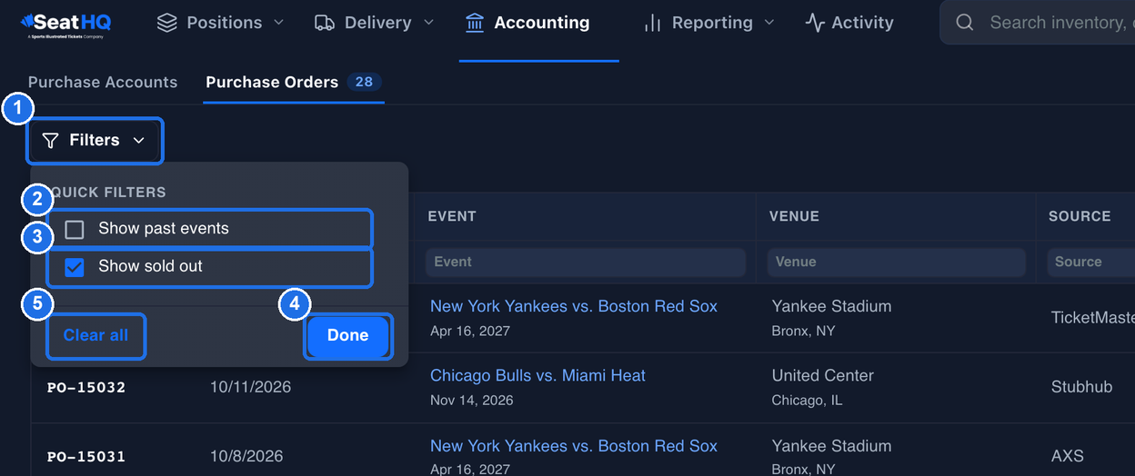 The Filters menu open, with the Filters button marked 1, Show past events unticked marked 2, Show sold out ticked marked 3, the Done button marked 4 and Clear all marked 5