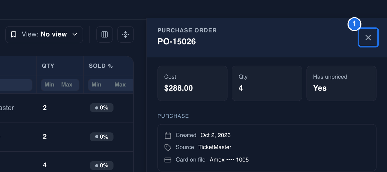 The top of the purchase order panel for PO-15026 with the close button in the top-right corner marked 1
