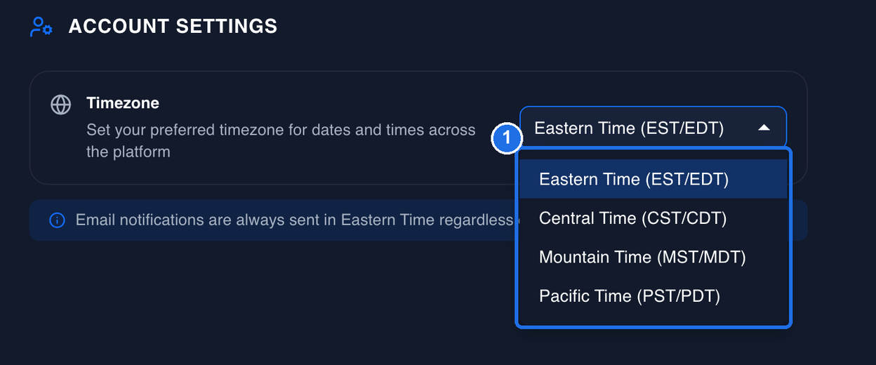 The open timezone list marked 1, with Eastern, Central, Mountain and Pacific Time