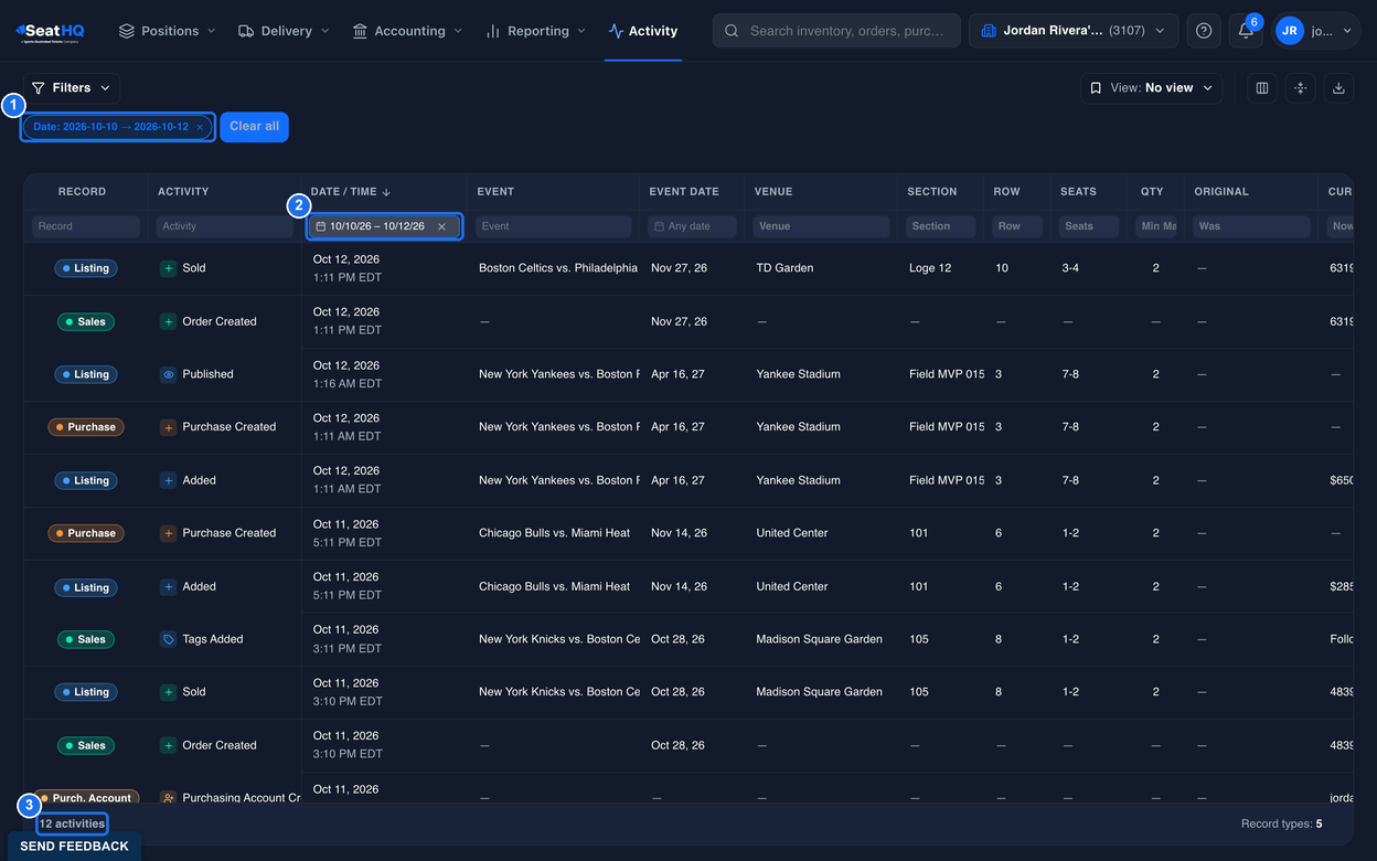 The Activity page filtered by date, with the Date: 2026-10-10 to 2026-10-12 chip marked 1, the date range in the Date box marked 2 and 12 activities in the footer marked 3