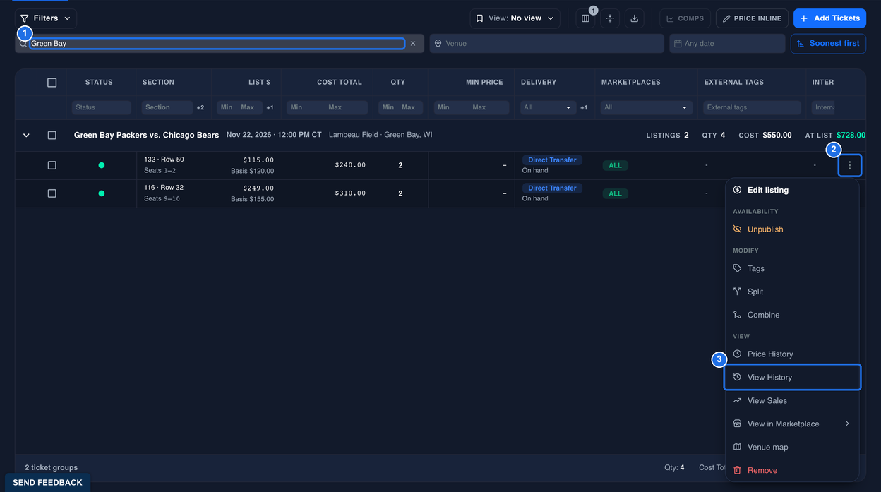 Inventory with Green Bay typed in the Event or performer box marked 1, the Green Bay Packers vs. Chicago Bears event with its two listings below, the three-dot button on the 132 · Row 50 listing marked 2, and View History under VIEW in the open menu marked 3