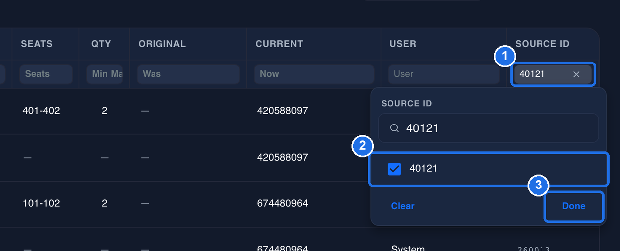 The Source ID box marked 1 with its list open, 40121 typed in the search box and ticked, marked 2, and the Done button marked 3