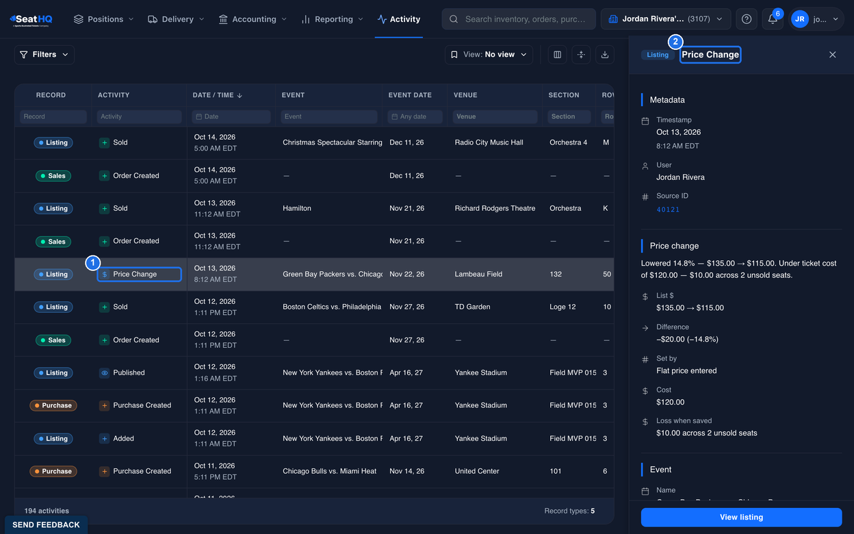 The Activity page with a Price Change row selected and marked 1, and the details panel open on the right with Price Change at the top marked 2