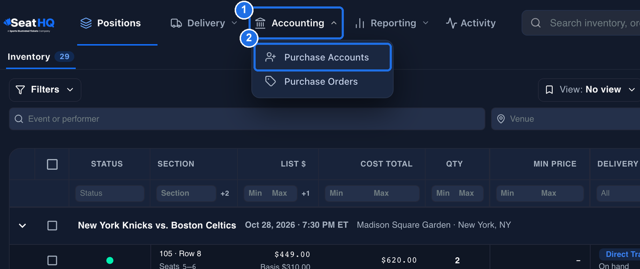 The Accounting menu open at the top of the page, marked 1, with Purchase Accounts marked 2 above Purchase Orders
