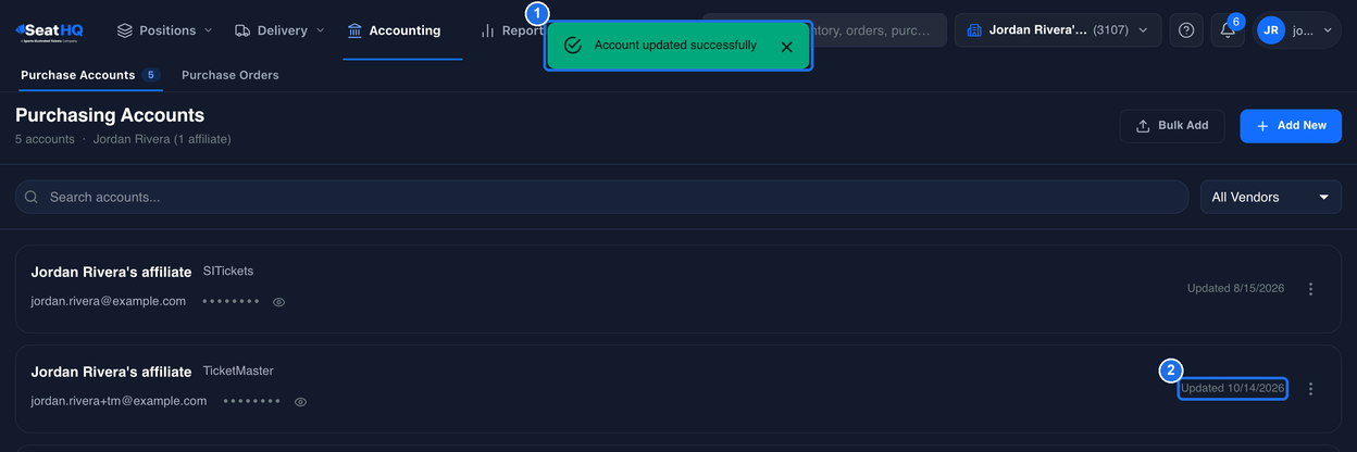 The Purchase Accounts page with the Account updated successfully message marked 1 and the TicketMaster card's Updated date showing today's date, marked 2