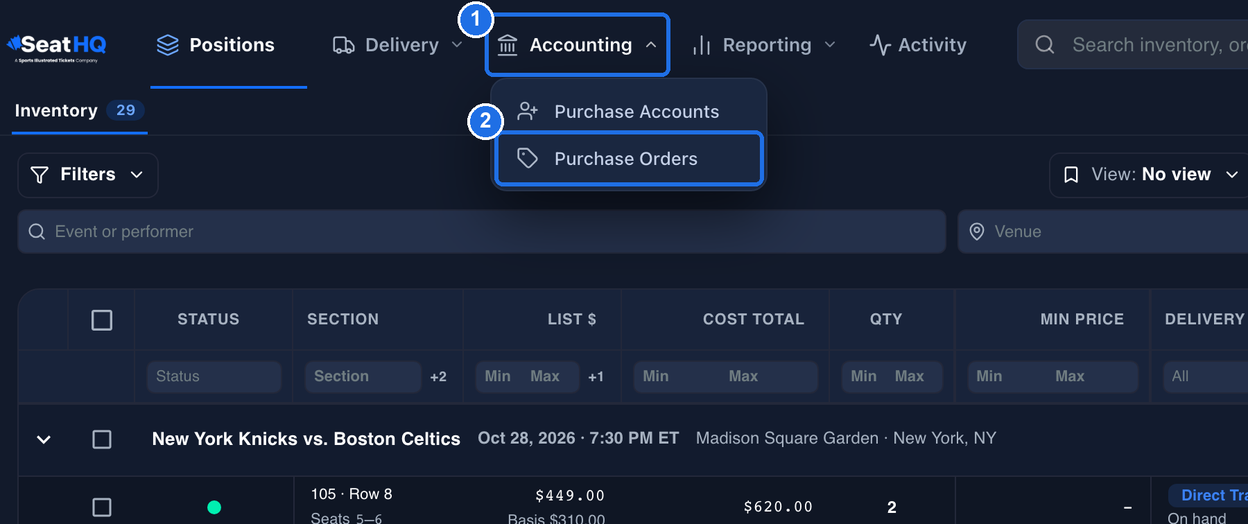 The Accounting menu open at the top of the page, marked 1, with Purchase Orders marked 2 below Purchase Accounts