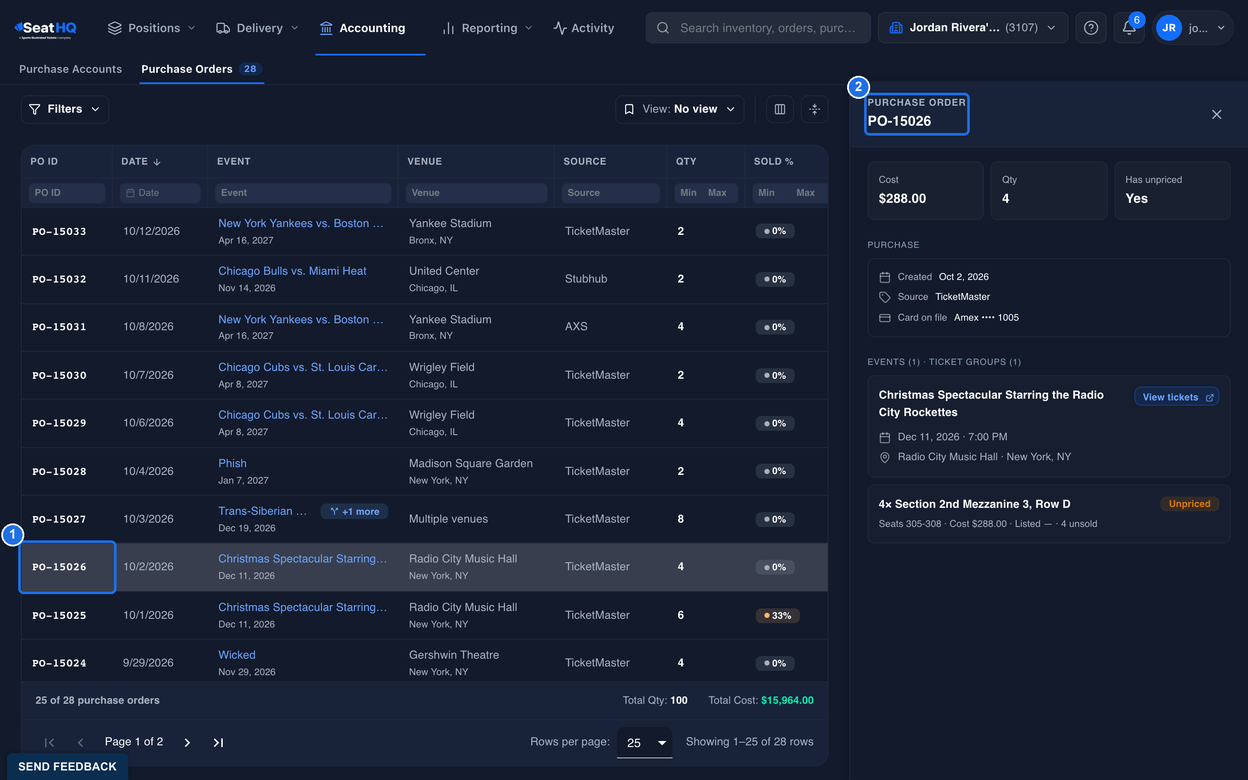 The purchase orders list with the PO-15026 row selected, marked 1, and the purchase order panel open on the right with the heading PURCHASE ORDER PO-15026, marked 2