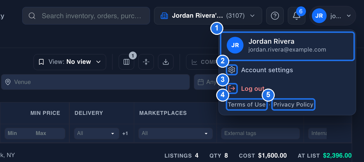 The open account menu with the name and login email marked 1, the Account settings icon marked 2, the red Log out icon marked 3, and the Terms of Use and Privacy Policy links side by side on the bottom line marked 4 and 5