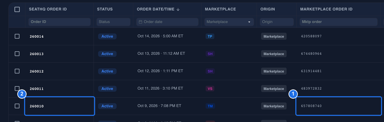 The Orders grid, with the marketplace order ID 657808740 marked 1 and the SeatHQ order ID 260010 on the same row marked 2