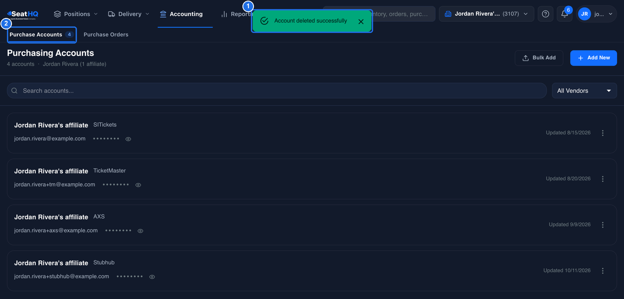 The Purchase Accounts page with the Account deleted successfully message marked 1 and the Purchase Accounts tab showing 4, marked 2, with the Seatgeek card no longer listed