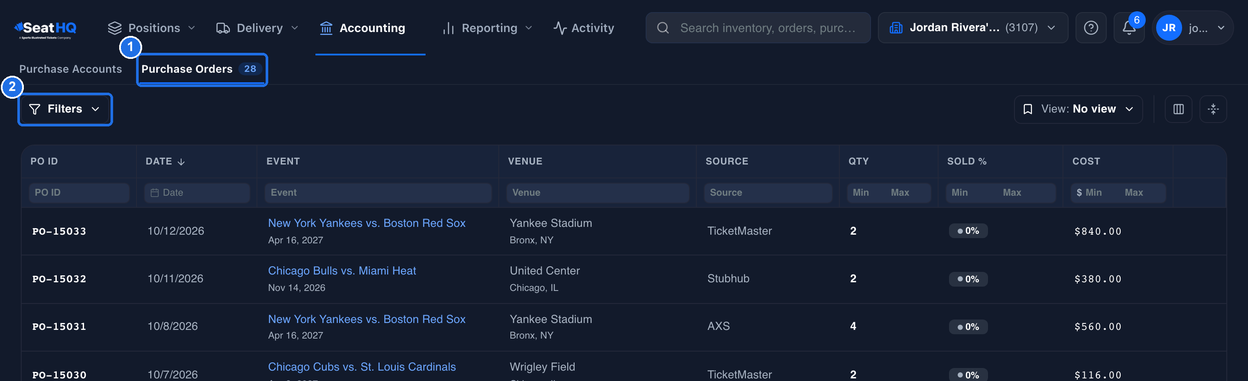 The Purchase Orders tab with the number 28, marked 1, the Filters button at the top left above the purchase orders list, marked 2, and View: No view with the Columns and Density icons at the top right