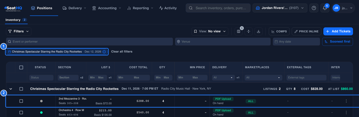 Inventory with the event chip for Christmas Spectacular Starring the Radio City Rockettes, with a calendar icon, marked 1, and the event's row with its two listings below it, with the 2nd Mezzanine 3 · Row D listing from the purchase order marked 2