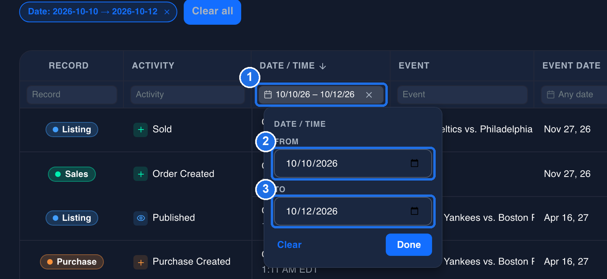 The Date box under DATE / TIME, now showing 10/10/26 – 10/12/26, marked 1 with its panel open, FROM set to 10/10/2026 marked 2 and TO set to 10/12/2026 marked 3, above the Clear and Done buttons