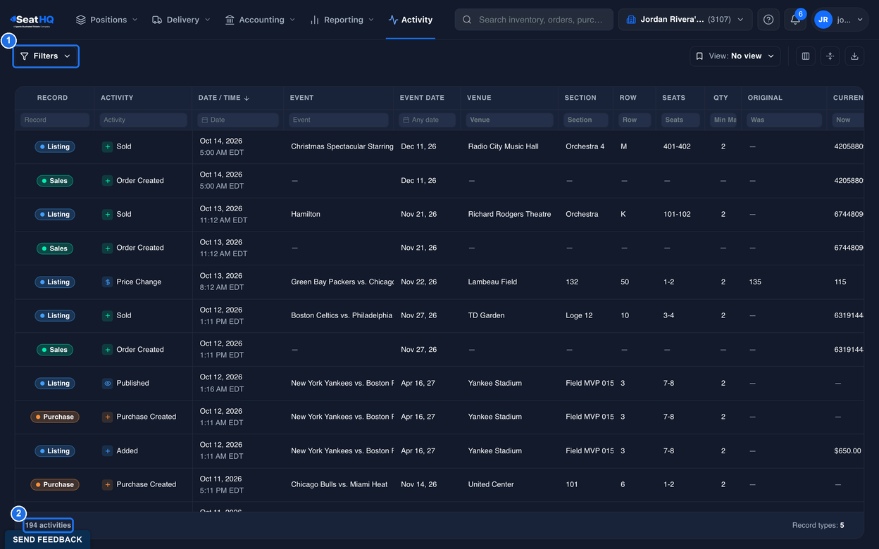 The Activity page with no filters, with the Filters button showing no number marked 1 and 194 activities in the footer marked 2